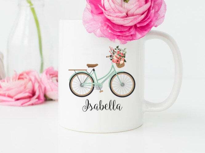 Personalized Name Mug Bike Mug Travel Mug. Bridesmaid Gift Watercolor Floral