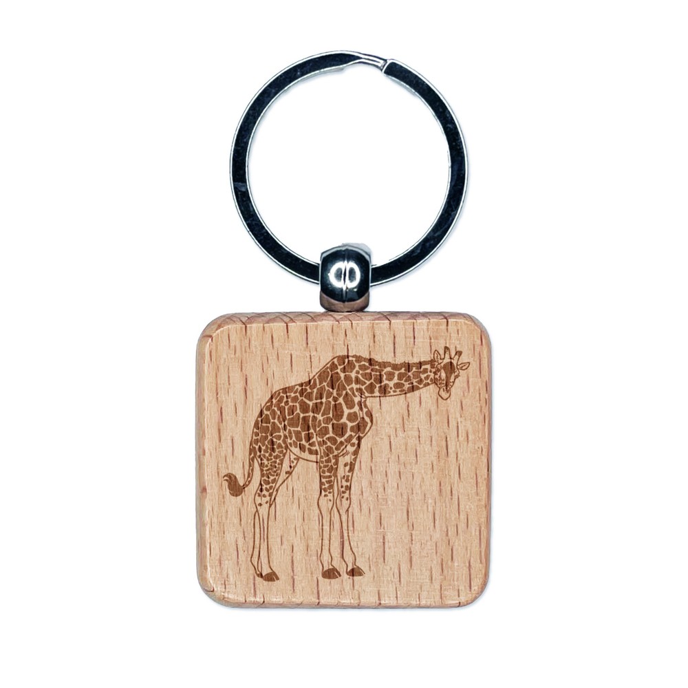 Curious African Giraffe Engraved Wood Square Keychain Tag Charm