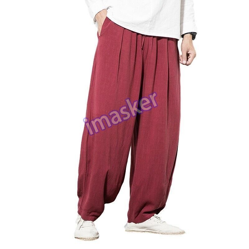 Mens Cotton Linen Harem Pants Wide Leg Plain Trousers Chinese Style Slacks