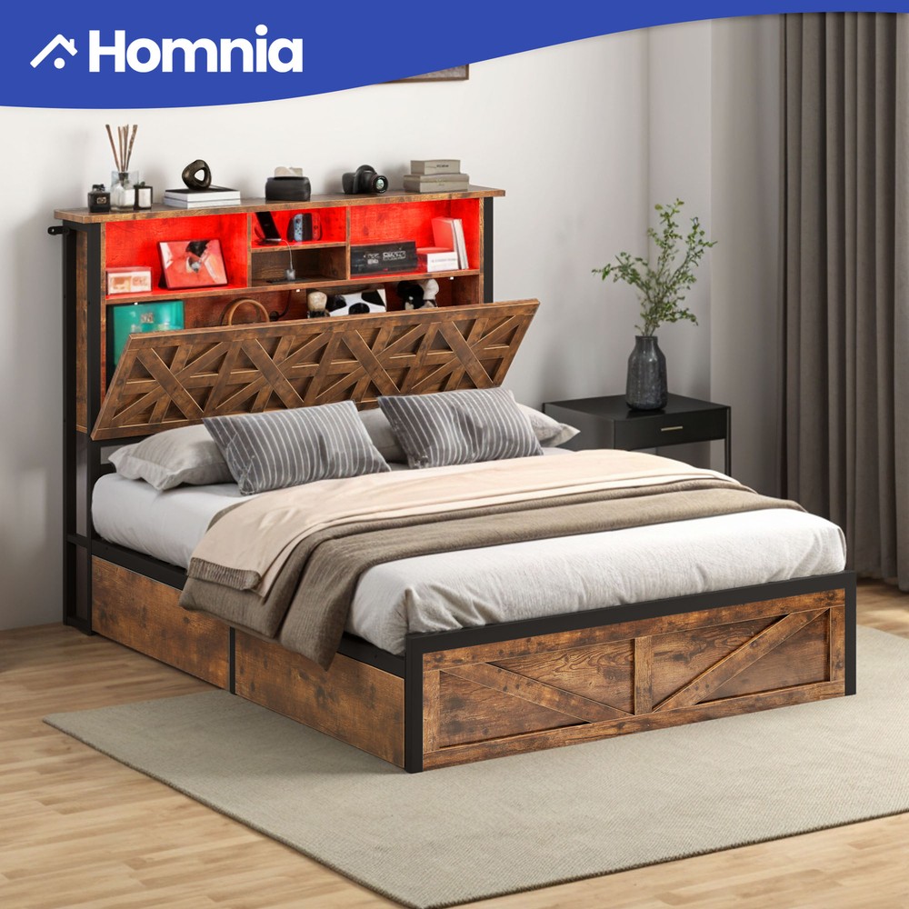 Queen Bed Frame w/ Hidden Storage & Underbed Drawers & LED Lights 86