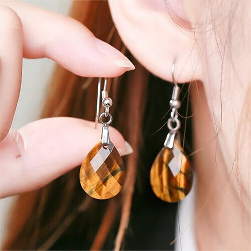 1 Pair Faceted Yellow Tiger Eye Teardrop Pendant Earrings C73