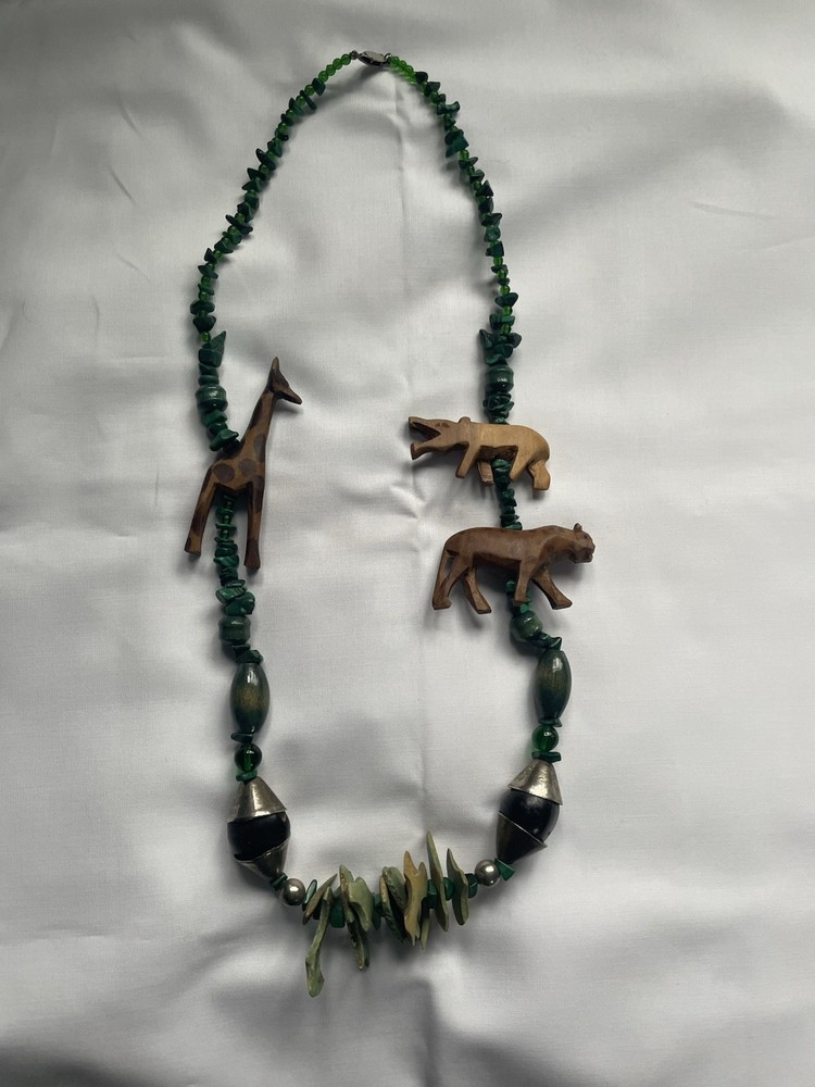 Vintage African Safari Carved Wooden Animal Necklace