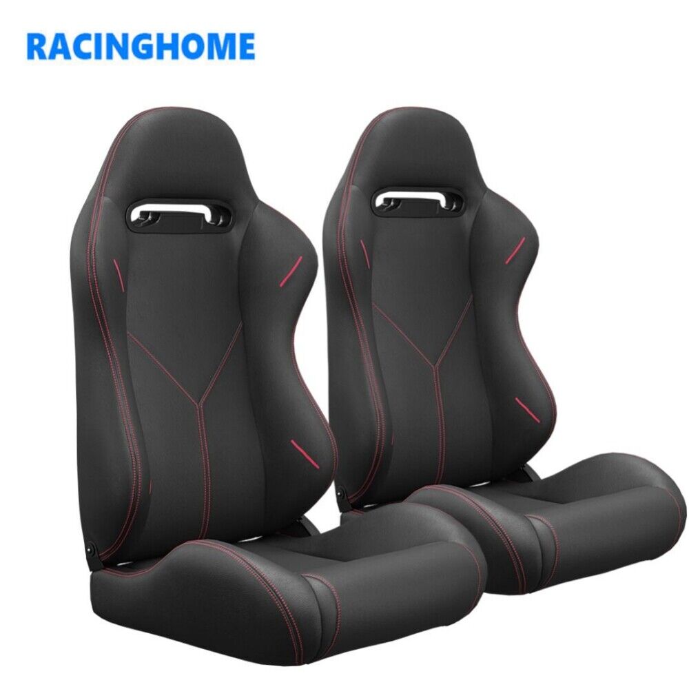 2Pcs Black+Red Universal Bucket Seats PVC Leather Racing Seats with 2 Sliders