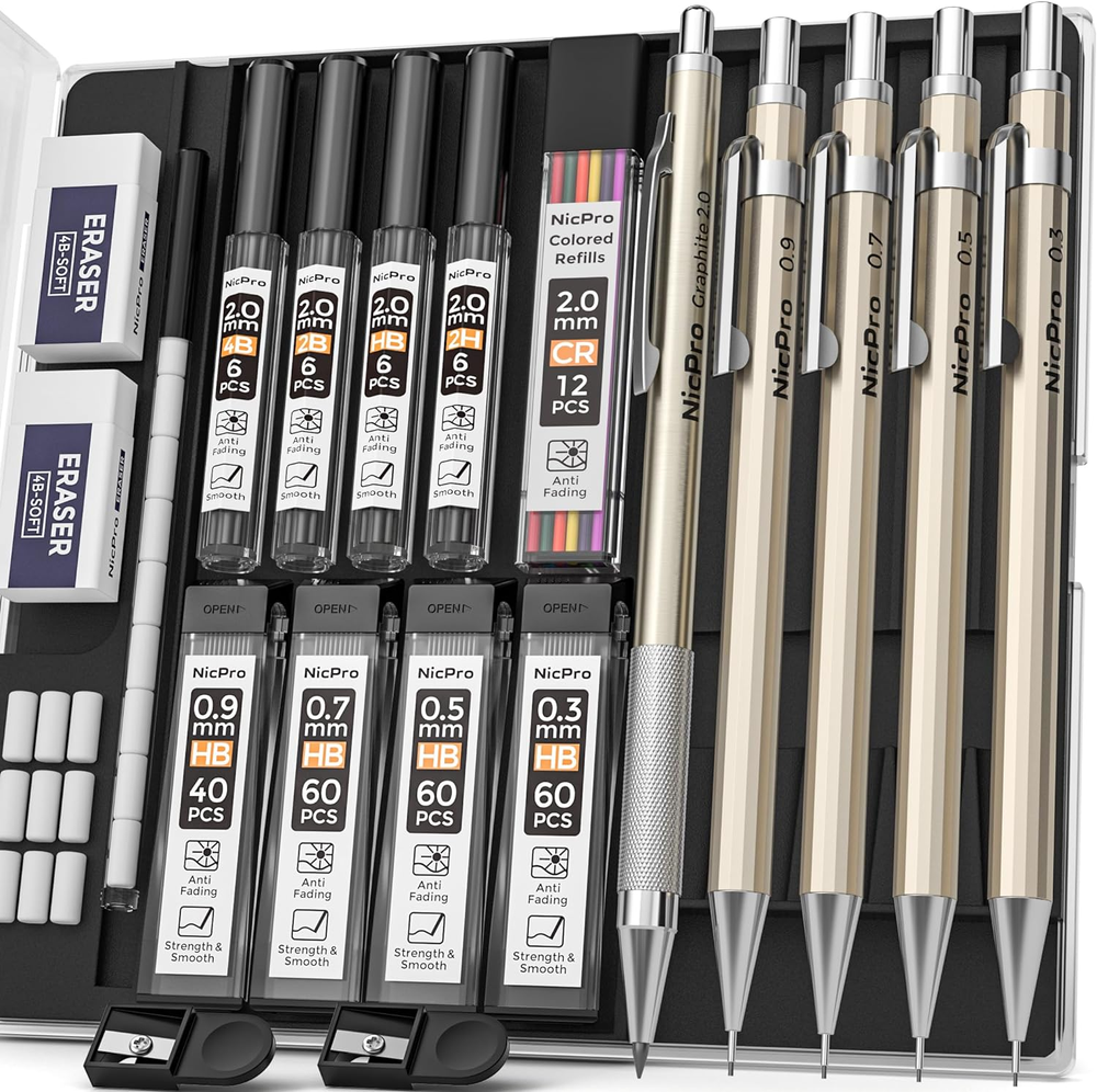 5 PCS Art Mechanical Pencils Set, Metal Drafting Pencil 0.3 & 0.5 & 0.7 & 0.9 &