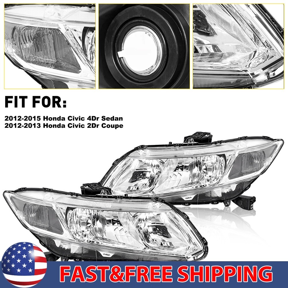 For 2012-15 Honda Civic Sedan 12-13 Coupe Chorme Headlights Assembly Pair
