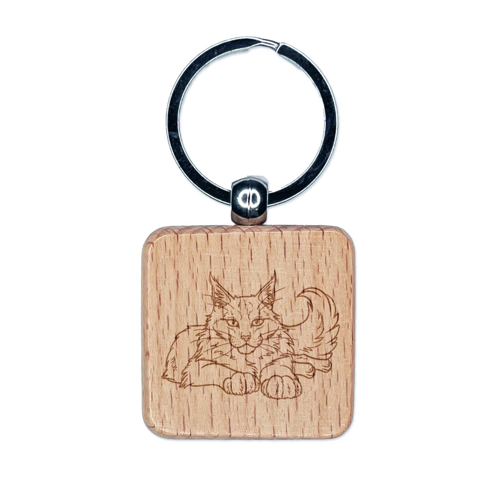 Gentle Maine Coon Cat Engraved Wood Square Keychain Tag Charm