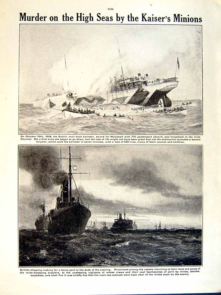 Antique Old Print 1919 World War Kiel Canal Ship Hercules Leinster Dublin 20th