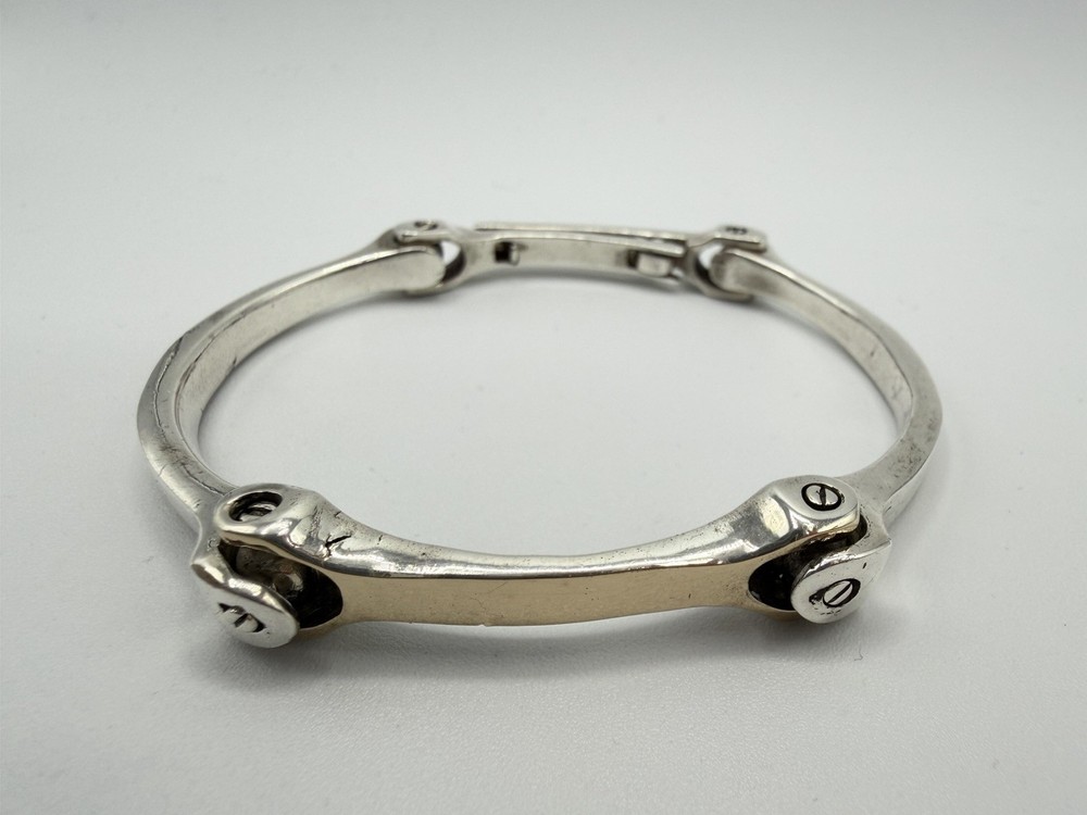 48g VTG STERLING DILVER 925 14k GOLD GENTS TORQUE STIRRUP SCREW MENS BRACELET