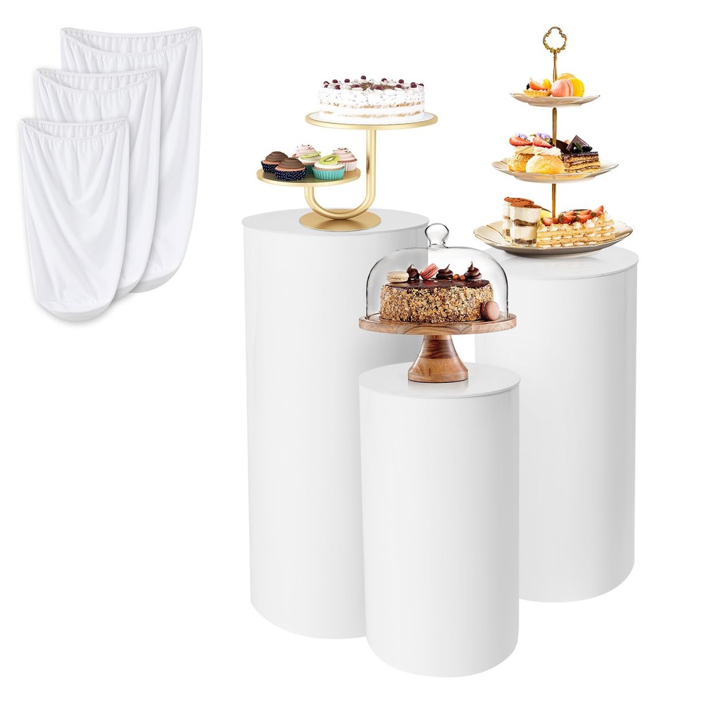 3Pcs White Round Pedestal Stands for Party with Spandex Covers