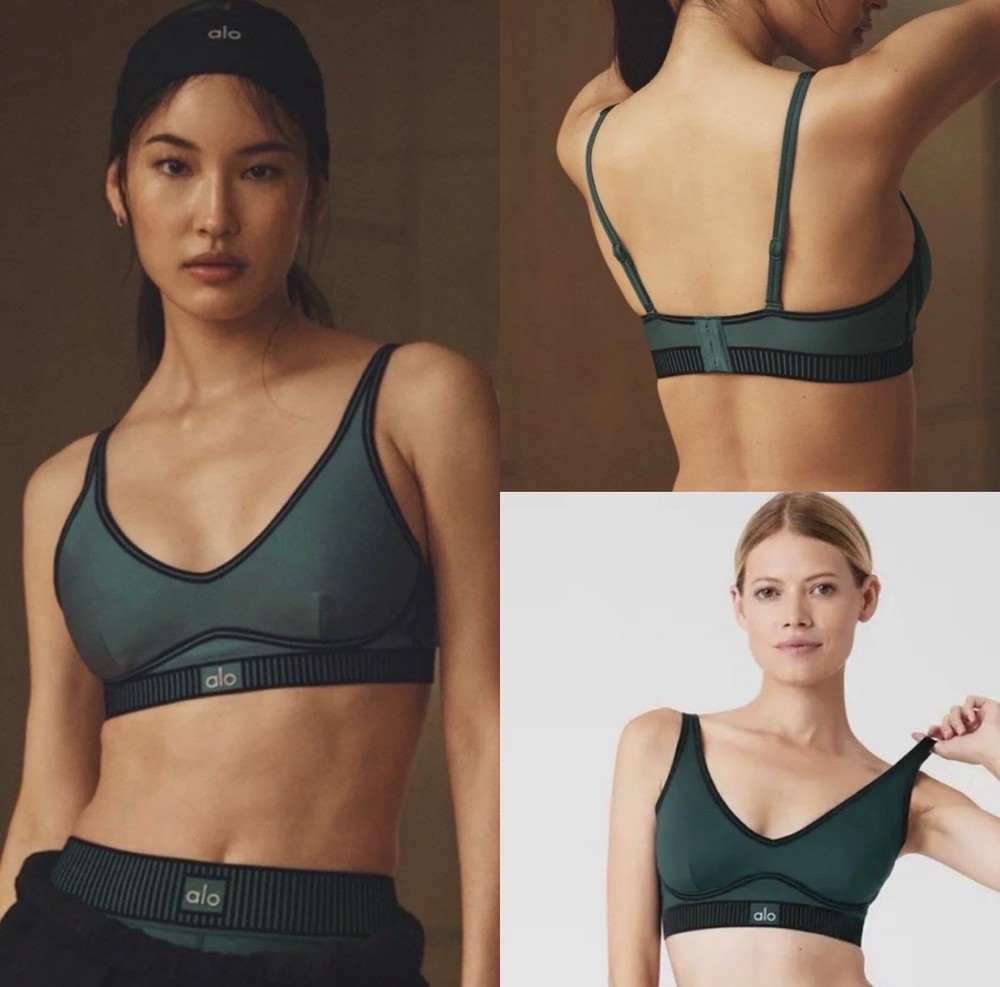 ALO YOGA Airlift Line Up Bra Winter Ivy Dark Green Sports Bra Top - Small S EUC