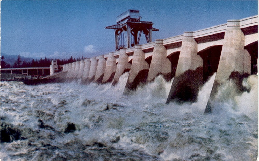 Vintage Columbia River Bonneville Dam Postcard by Mike Roberts Studios