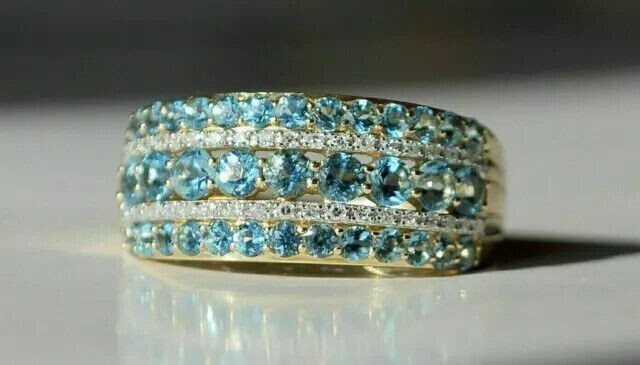 14K Yellow Gold Plated 4Ct Round Cut Simulated Blue Topaz Engagement Band Ring