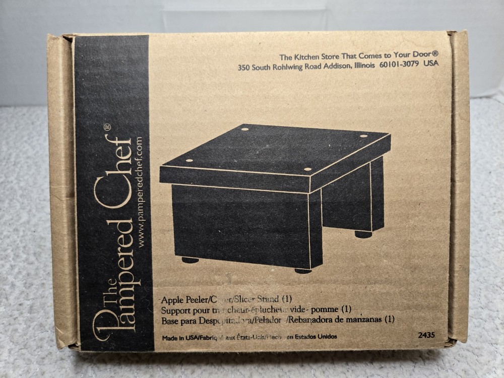 Vintage Pampered Chef Apple Peeler Corer Slicer Stand 2435 with Wood Base Open Box  