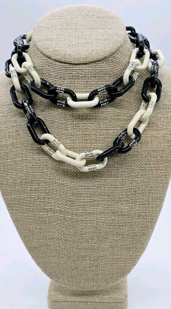 J Crew Chunky Chain Link Cream Black Enamel Necklace with Rhinestones 33 Inch