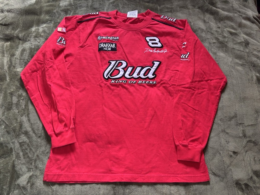 Vintage Dale Earnhardt Jr Shirt Mens Medium Red Long Sleeve Bud King Of Beers