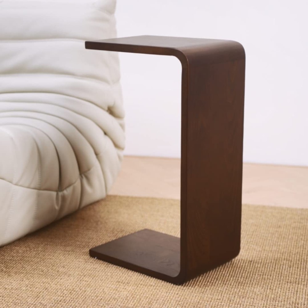 C-Shaped Sofa Side Table with Solid Wood Frame for Living Room