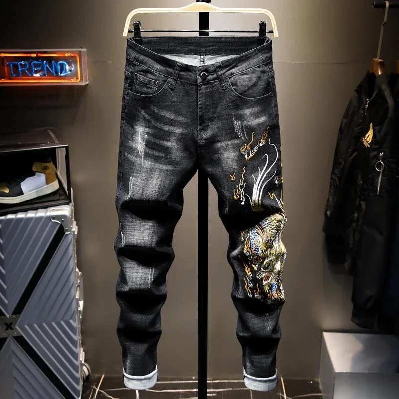 Men's Dragon Embroidered Stretch Slim Fit Jeans Fashion Pants