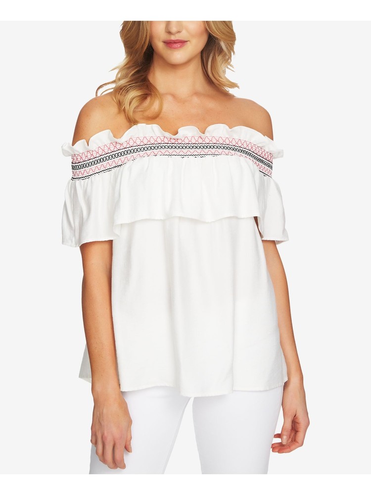 CECE Womens Ivory Embroidered Short Sleeve Off Shoulder Blouse L