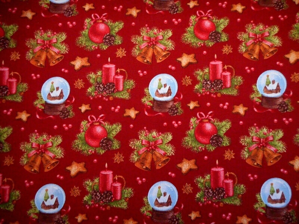 Christmas Quilt Fabric By Yard Snow Globes Bells Pine Candles on Red Cotton #40