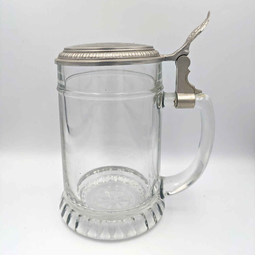 Vintage Glass Beer Stein with Pewter Lid Etched Design BMF West Germany