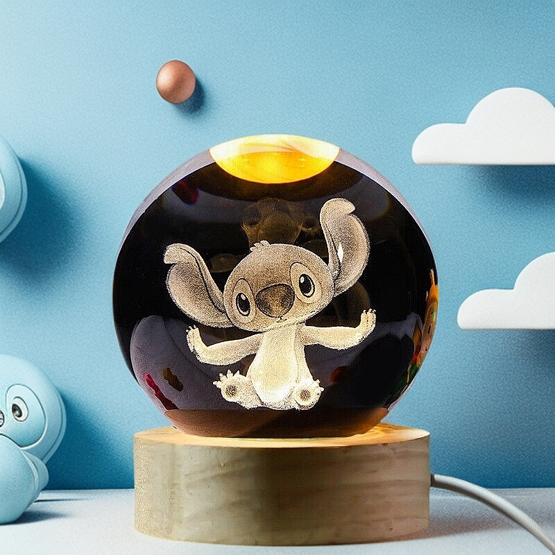 3D Carved Stitch B Crystal Ball Night Light with Wooden Base - Kids Gift Healing Decor
