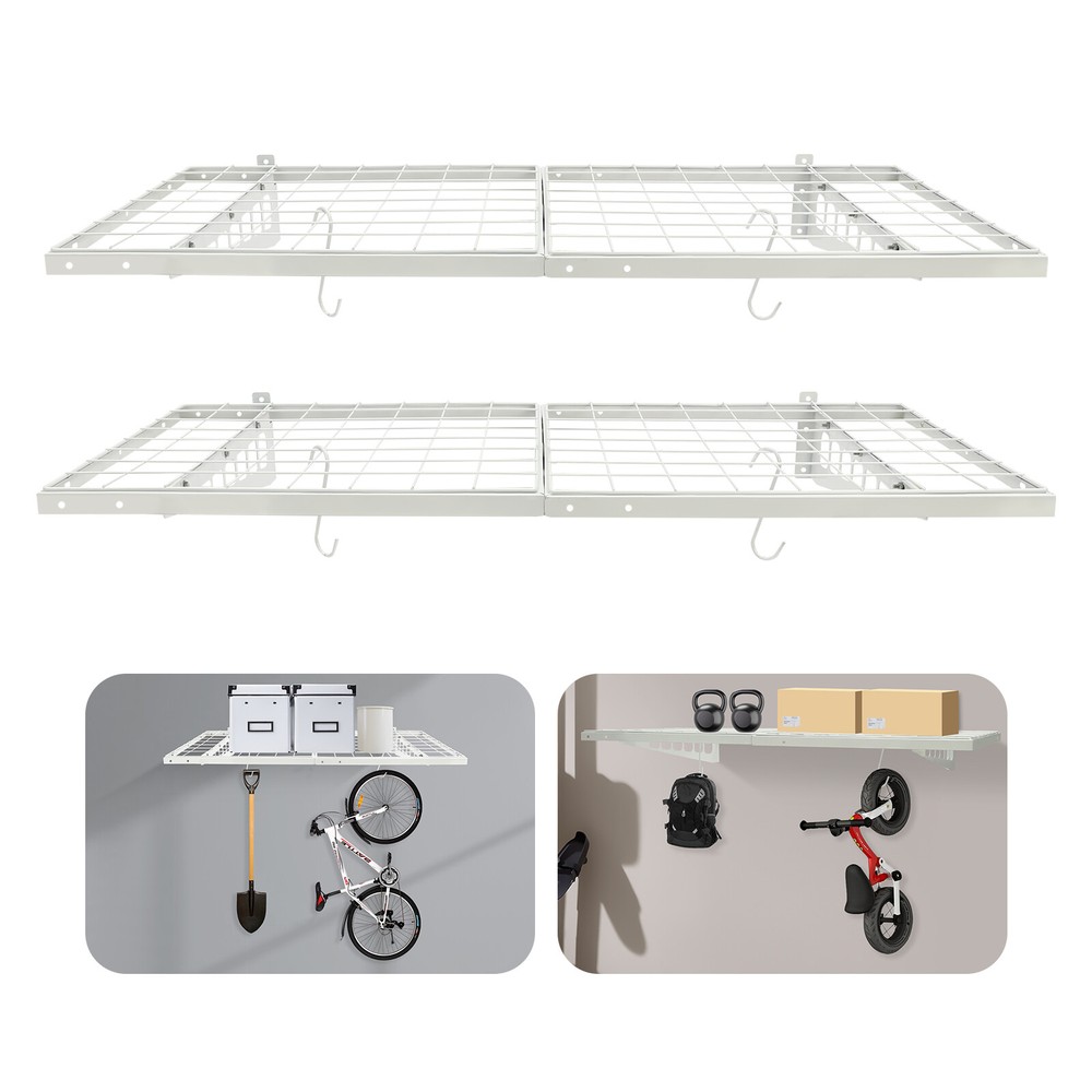 24*48 inch Wall Shelf Garage Storage Rack 2 PACKS Garage Shelving W/ 4 Hooks