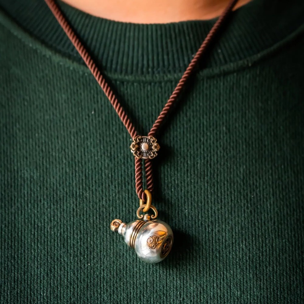 Silver Gourd Pendant for Necklace Feng Shui Amulet Handmade Jewelry Gift for Her