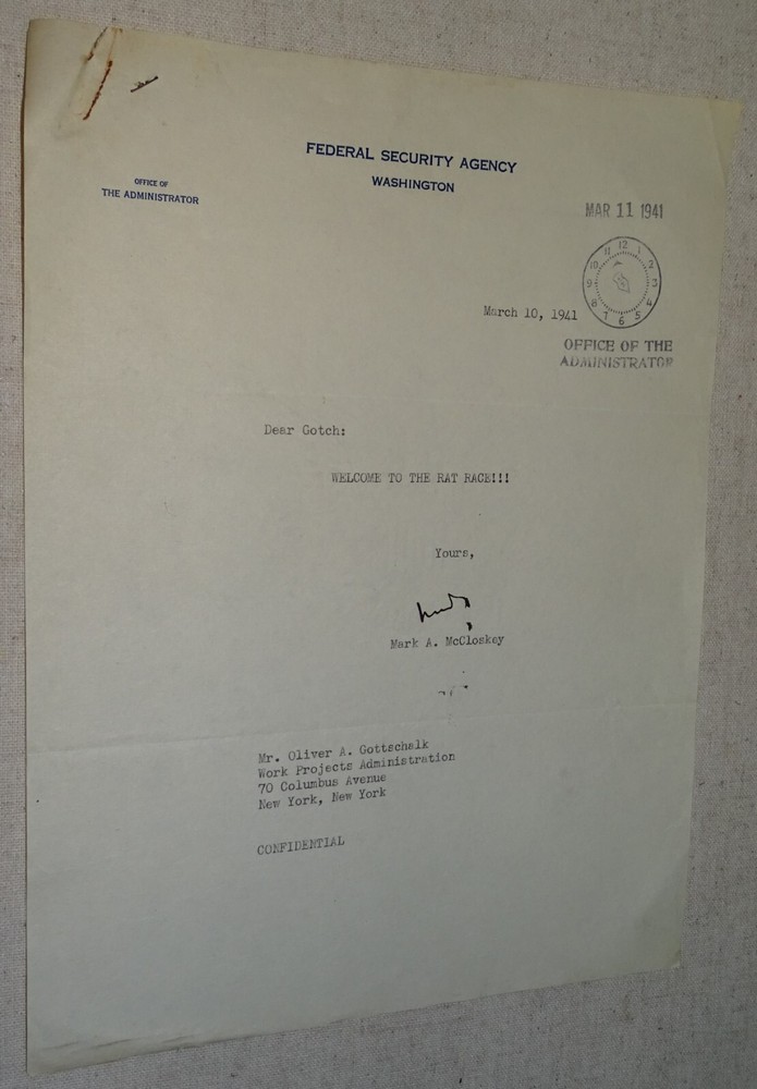 1941 Federal Security Agency Letter - Welcome to the Rat Race, Mark A. McCloskey