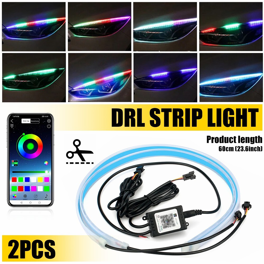 2x Car Headlight 60cm APP RGB Slim Sequential Flexible LED DRL Turn Signal Strip