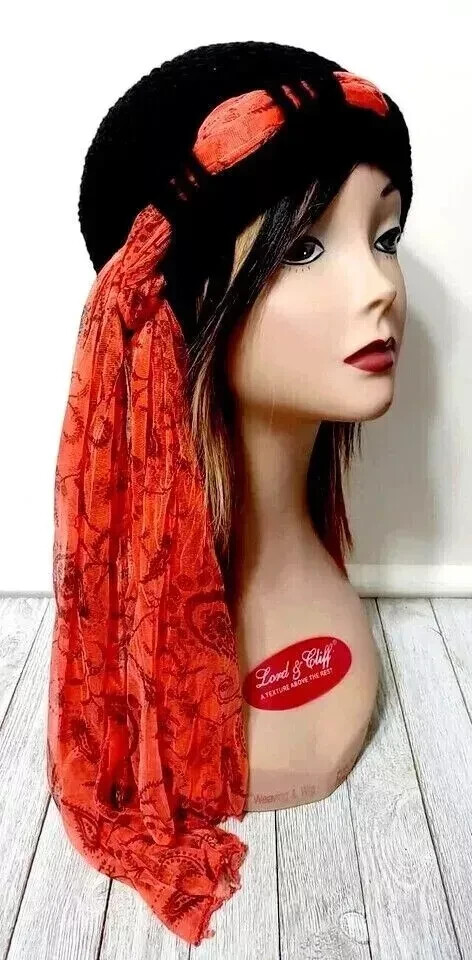 Handmade crochet chemo beanie and scarf set for women in black and salmon, made in USA  