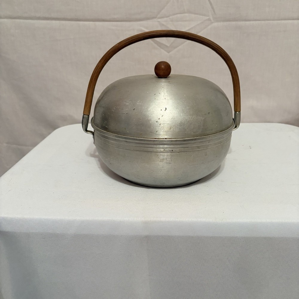 Vintage Mirro Aluminum Steamer Kettle W/Basket & Wood Handle