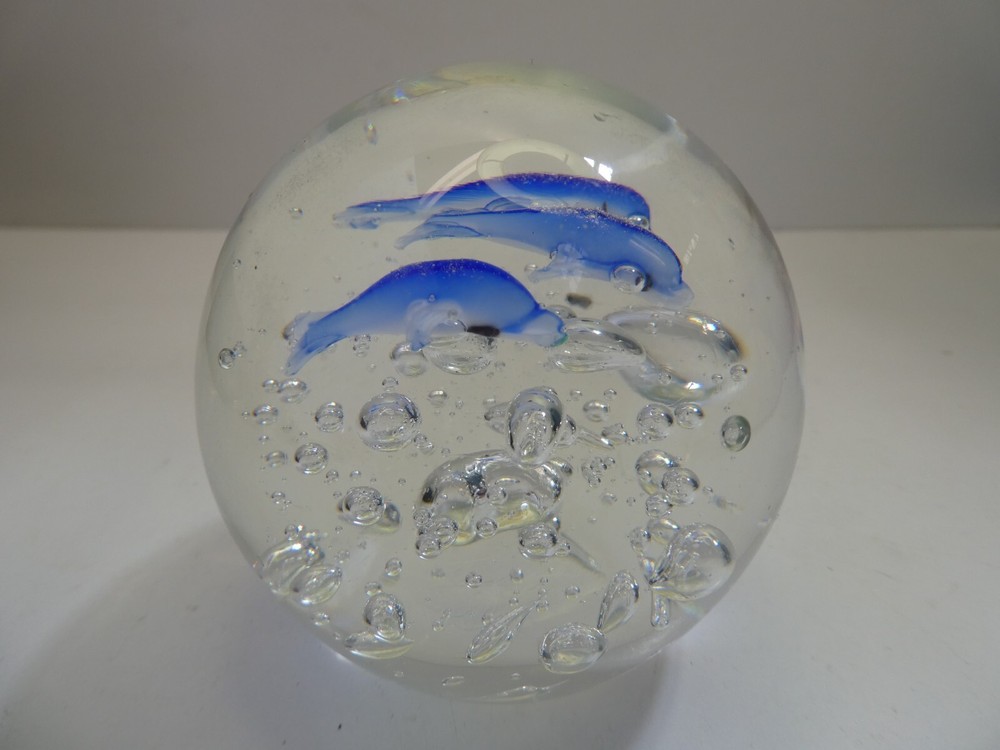 ART GLASS  PAPER WEIGHT  CASED DOLPHINS & AIR BUBBLES