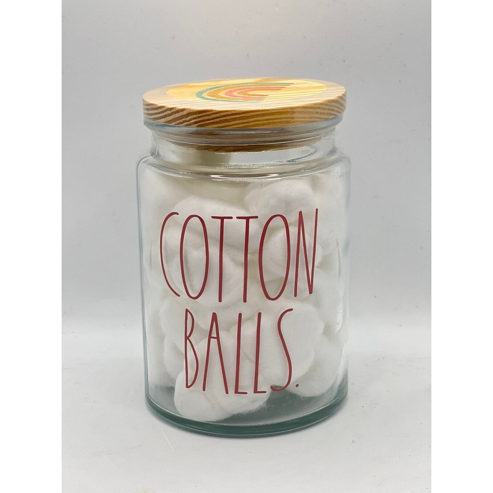 RAE DUNN Pink Writing Cotton Balls in Glass Jar NWT