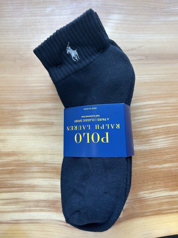 Polo Ralph Lauren Athletic 6-Pair Men's Quarter Crew Socks Black with White Pony