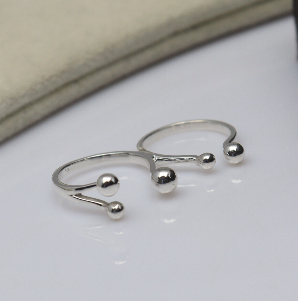 Ball Ring 925 Sterling Silver Multi Ball Adjustable Statement Two Finger Ring