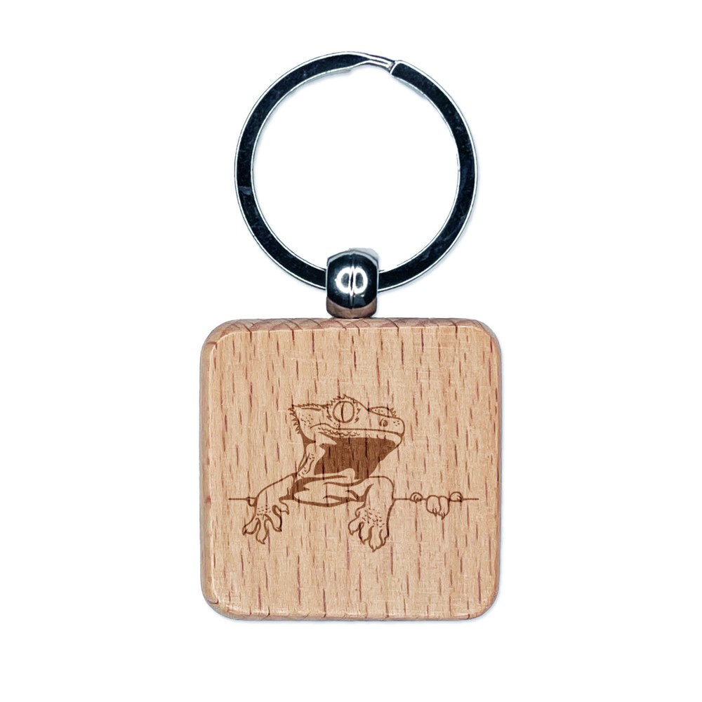 Crested Gecko on Ledge Lizard Engraved Wood Square Keychain Tag Charm