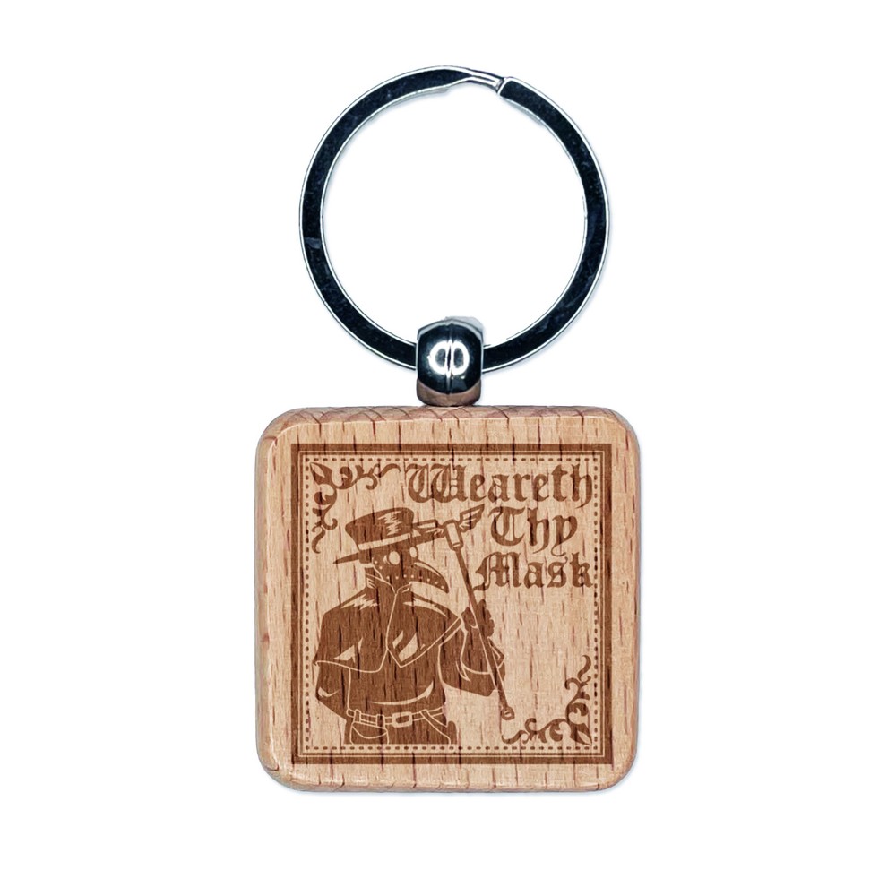 Plague Doctor Weareth Thy Mask Engraved Wood Square Keychain Tag Charm