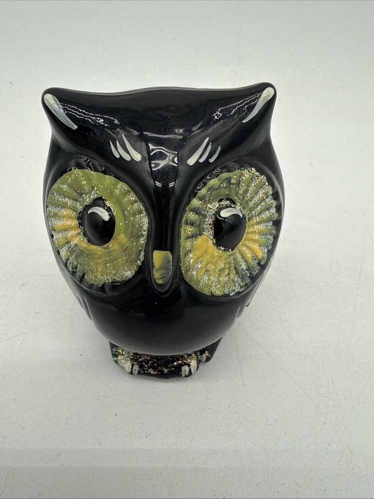 Fenton Hand Painted Black Hootie Owl Black Cat Face On Back Figurine Halloween