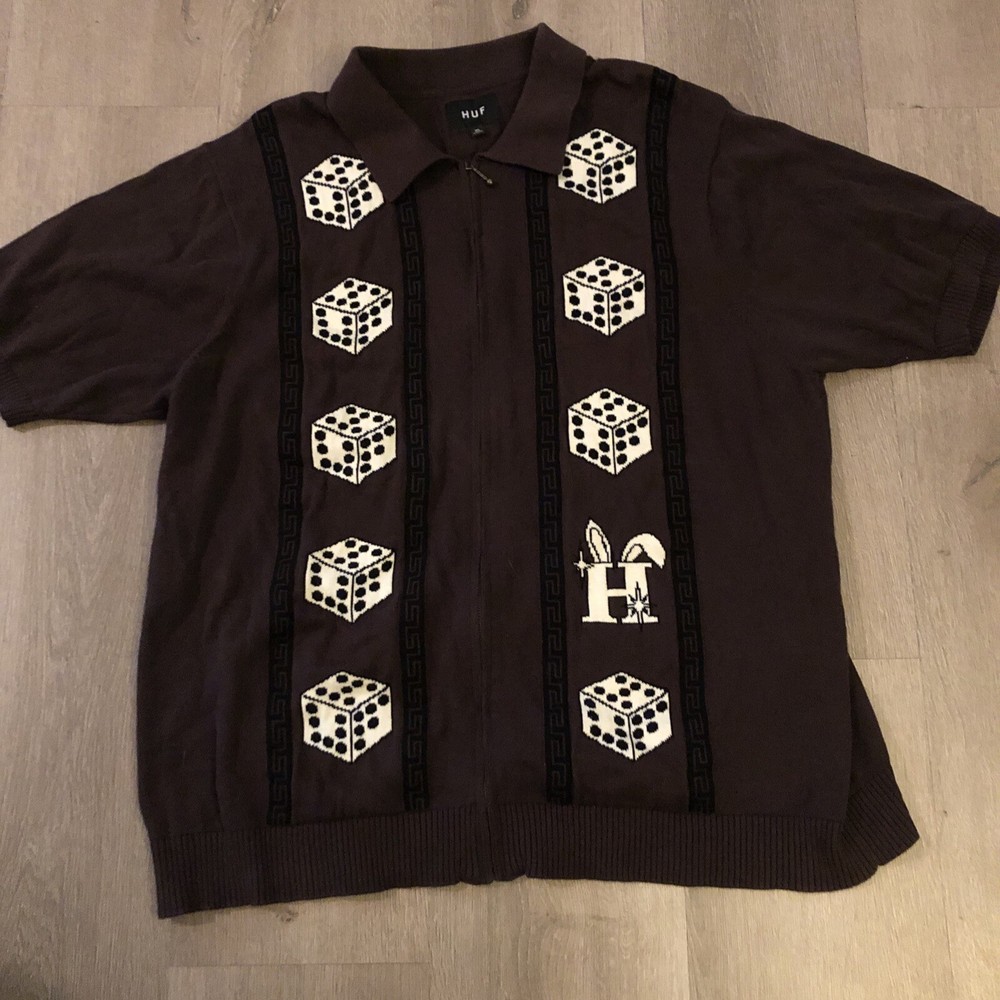 HUF Men's XL Brown Full Zip Polo Skate Streetwear Dice Shirt