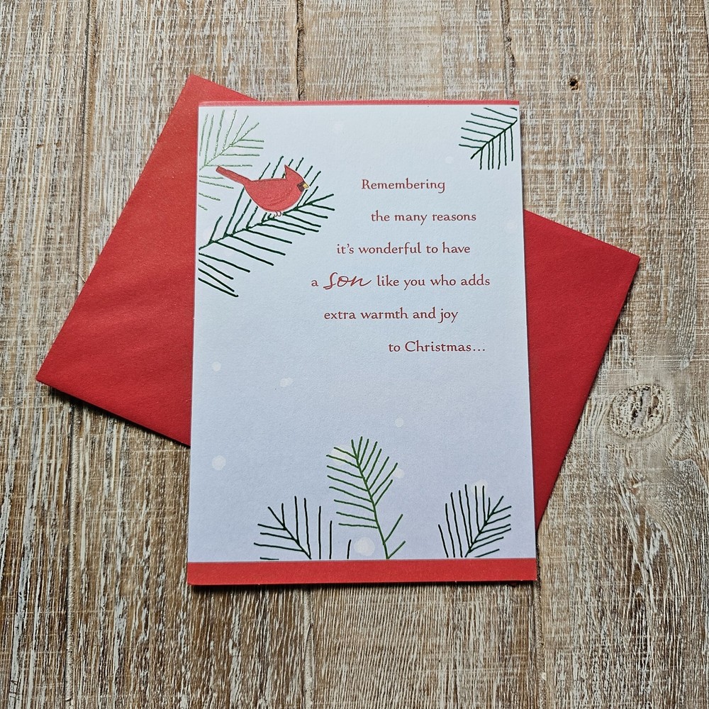 Christmas Greeting Card For Son with Cardinal Pine and Glitter Snowflakes Hallmark Style