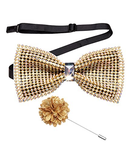 Elegant Men's Bow Ties with Gold Crystal Cufflinks Lapel Pin & Pocket Square Set