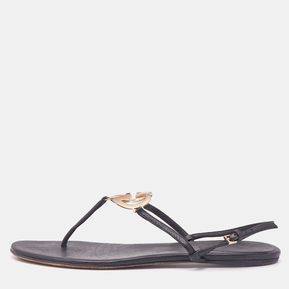 Gucci GG Interlocking Heart Black Leather Sandals Size 38.5