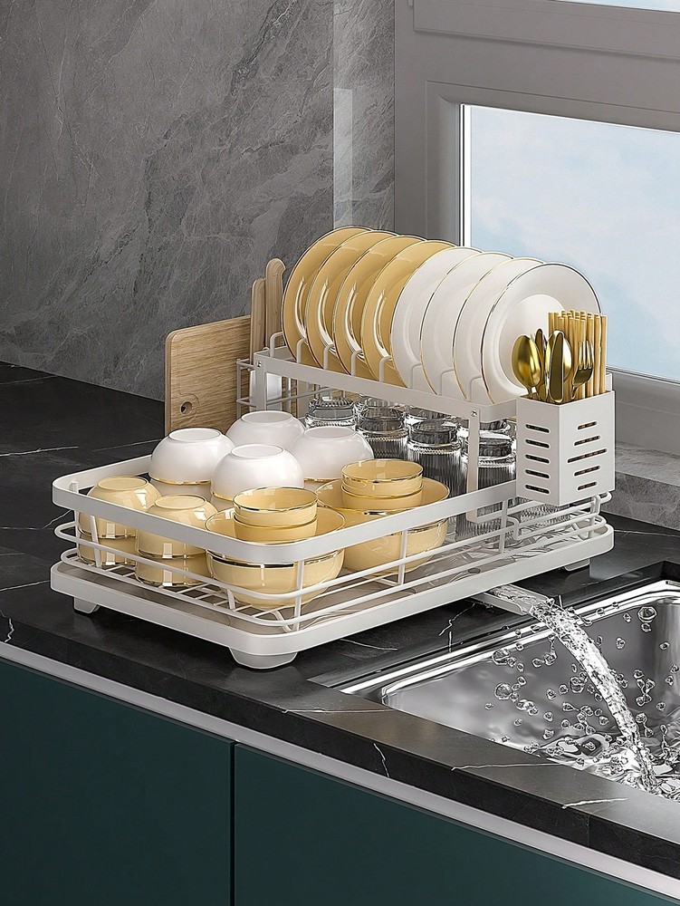 Space-Saving 2-Tier Over Sink Dish Rack with Detachable Holders
