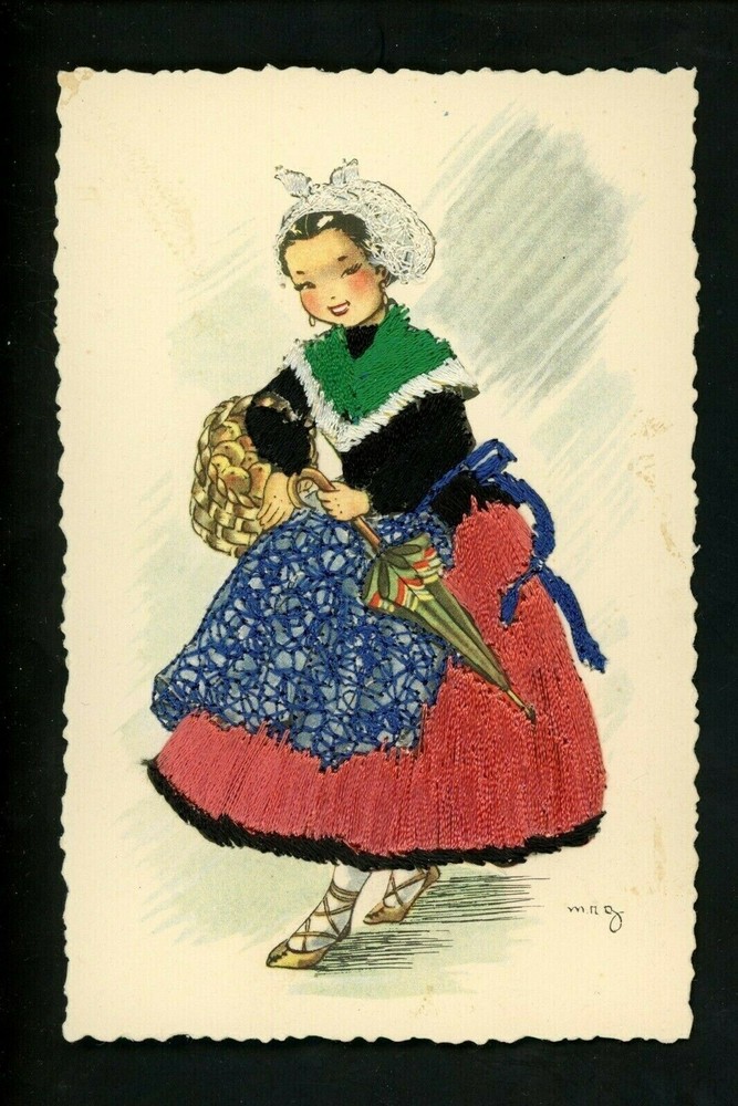 Embroidered Clothing Postcard by Artist M N G Featuring Vascongadas Woman with Umbrella Spain