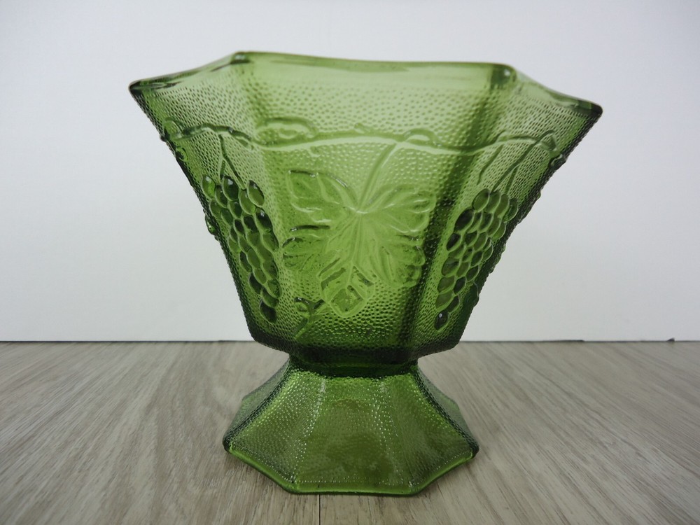 Vintage 70s Avocado Green Glass Pedestal Bowl with Grape Leaf Design