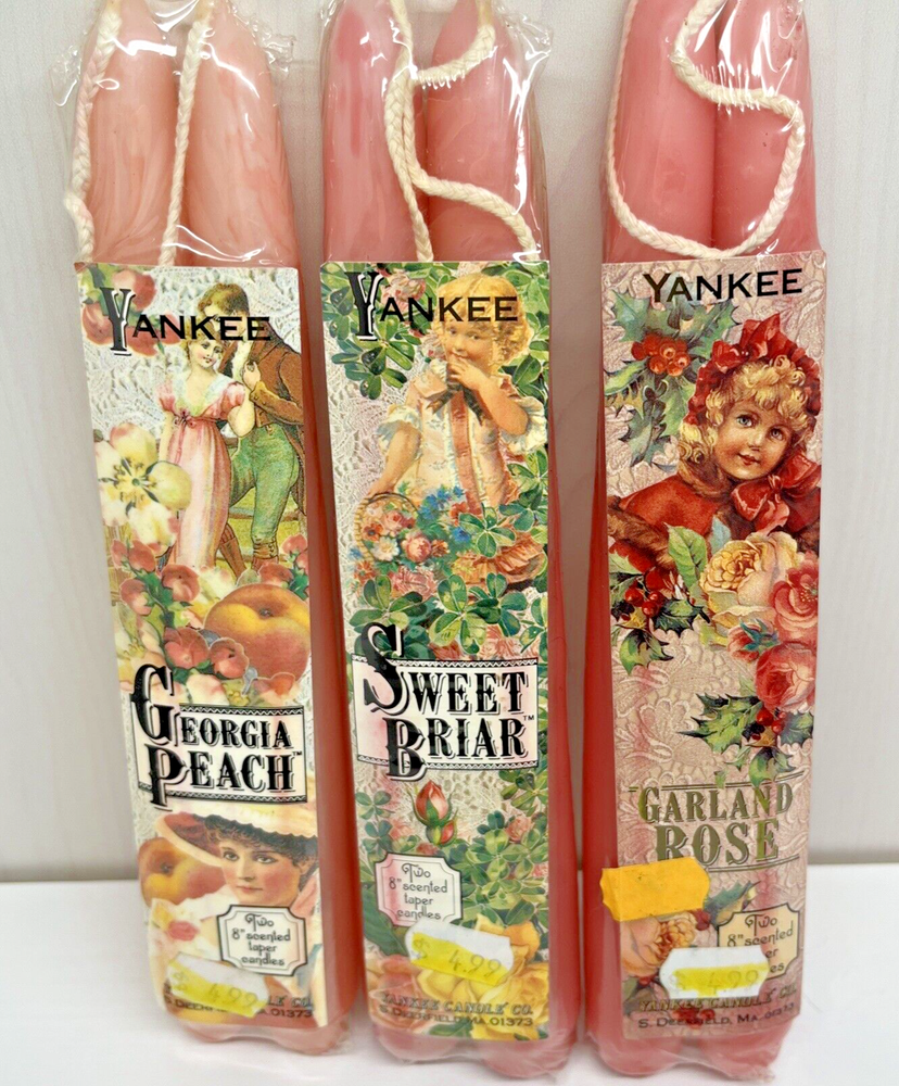 Retired Yankee Taper Candles 3 Sets 8 Inch Sweet Briar Georgia Peach Garland Rose Scented
