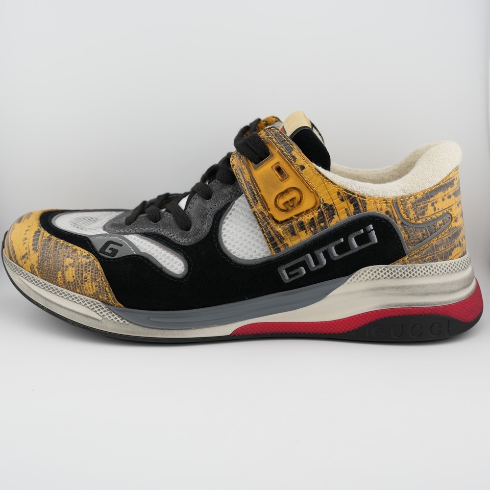 Gucci Ultrapace Leather Mesh Sneakers Low Top Yellow Tejus Printed US 9.5 Men