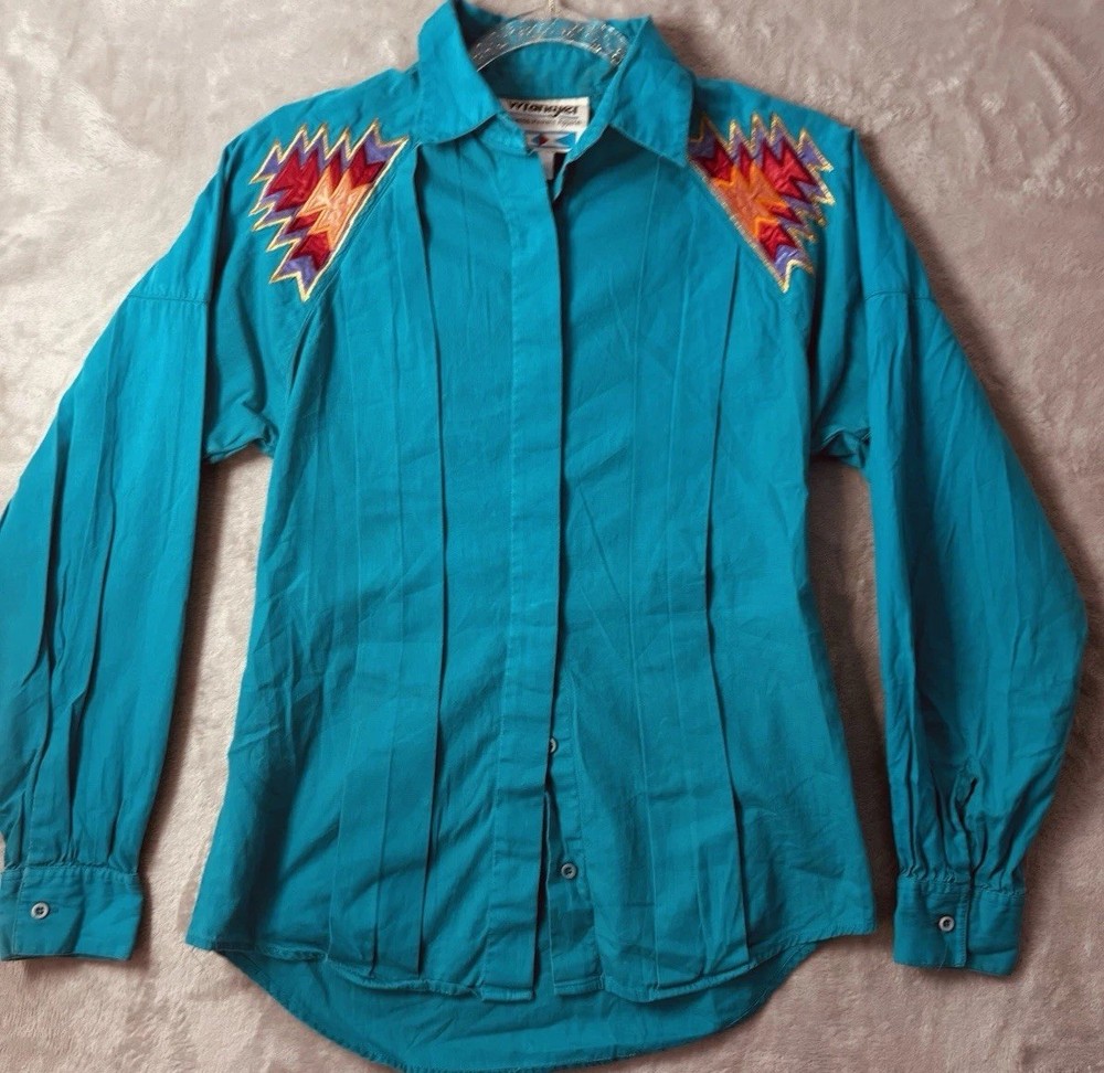 Vintage Wrangler Western Shirt Womens S Turquoise Embroidered Rodeo
