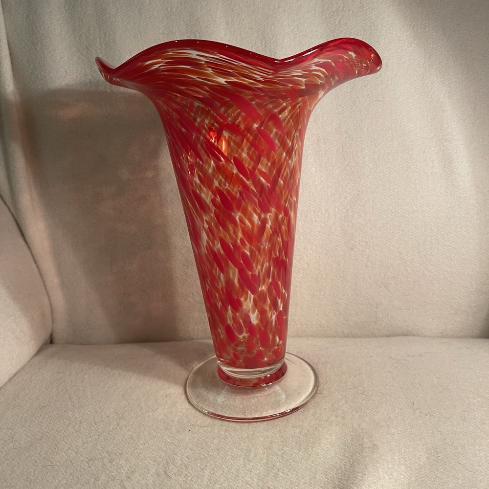 Vtg Murano Style Hand Blown Glass Vase Clear W/ Red Swirl Pattern Ruffled Rim