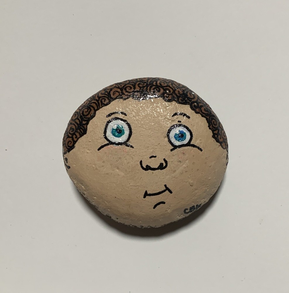 Cabbage Patch Kids Brown Hair Stone Boy Hand Painted Pet Rock Paperweight
